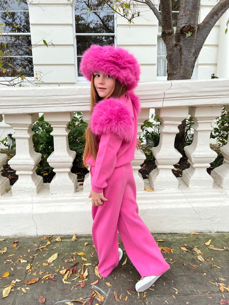 Childrens Hot Pink Premium Faux Fur Roll Neck Wide Leg Tracksuit - H&L