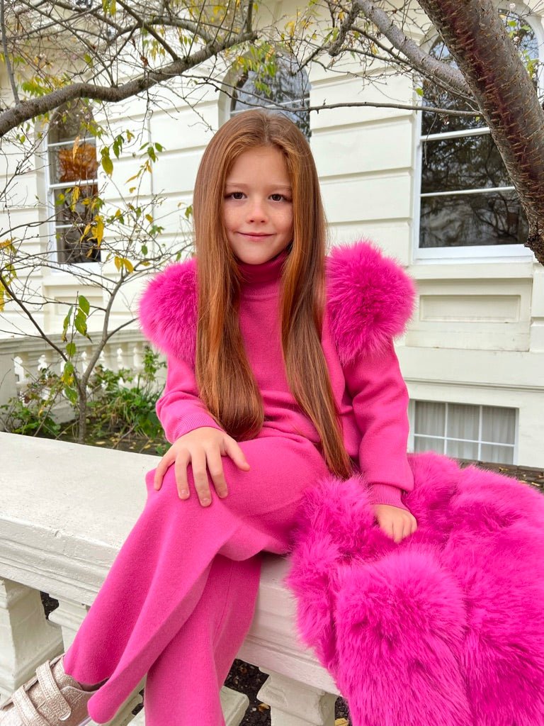 Childrens Hot Pink Premium Faux Fur Roll Neck Wide Leg Tracksuit - H&L