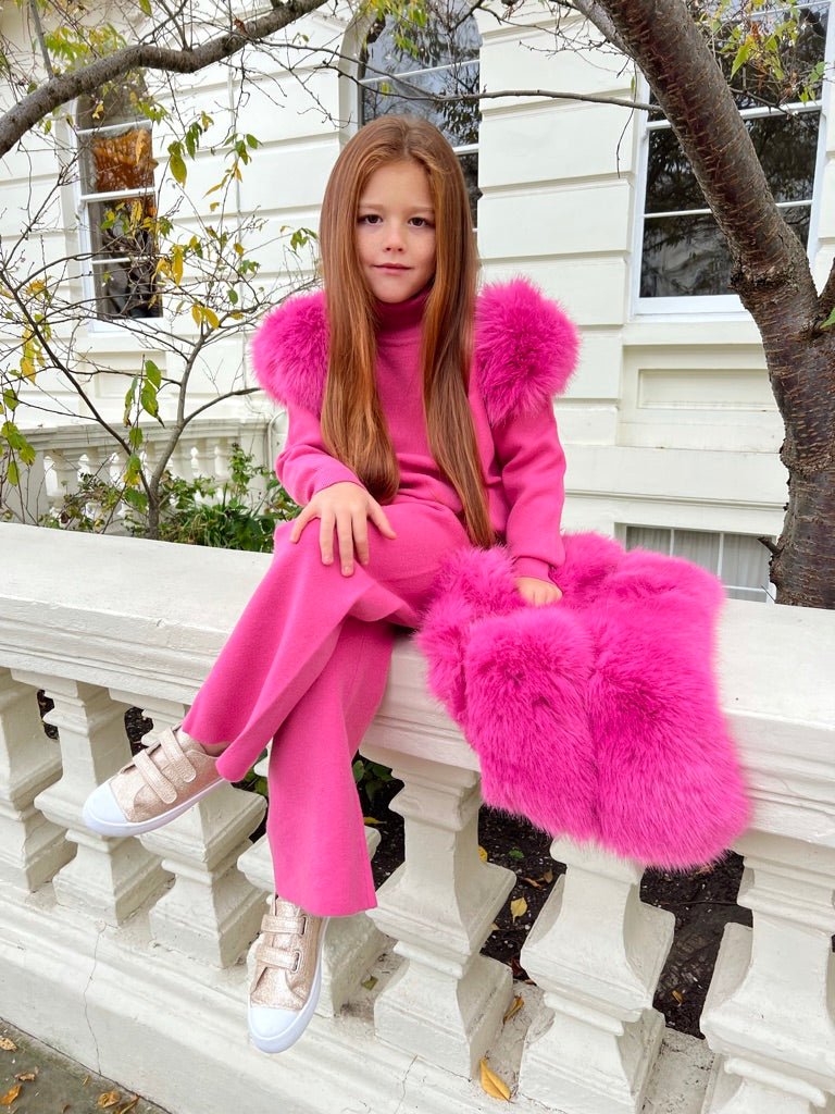 Childrens Hot Pink Premium Faux Fur Roll Neck Wide Leg Tracksuit - H&L