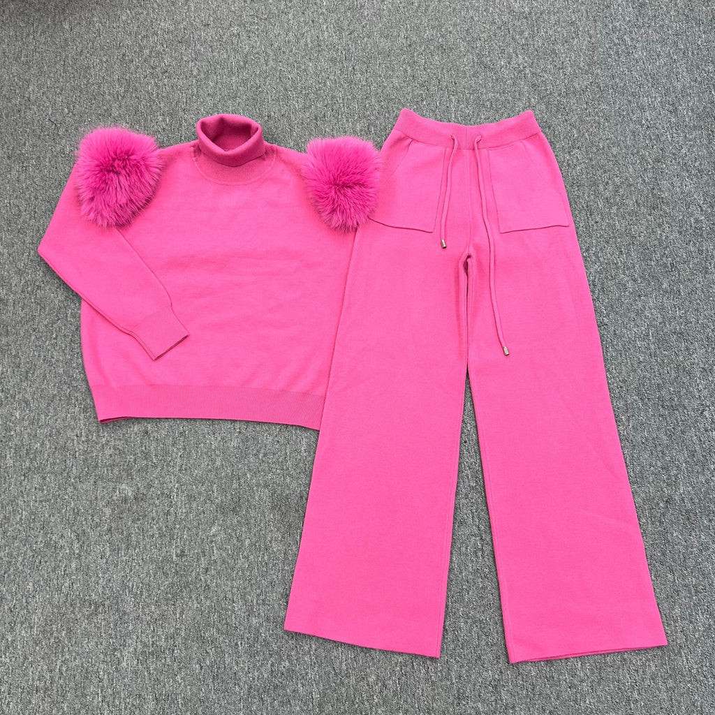 Childrens Hot Pink Premium Faux Fur Wide Leg Tracksuit - H&L