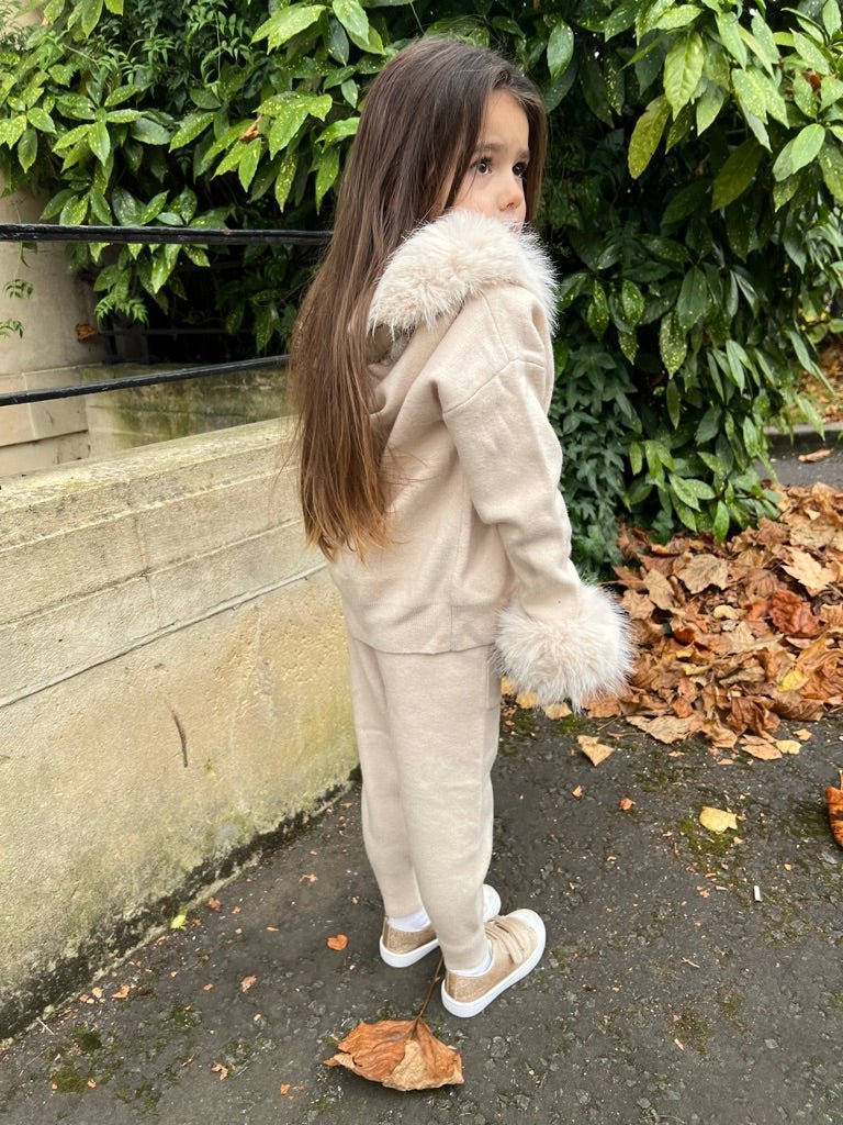 Childrens Light Beige Premium Faux Fur Hood & Cuff Tracksuit - H&L