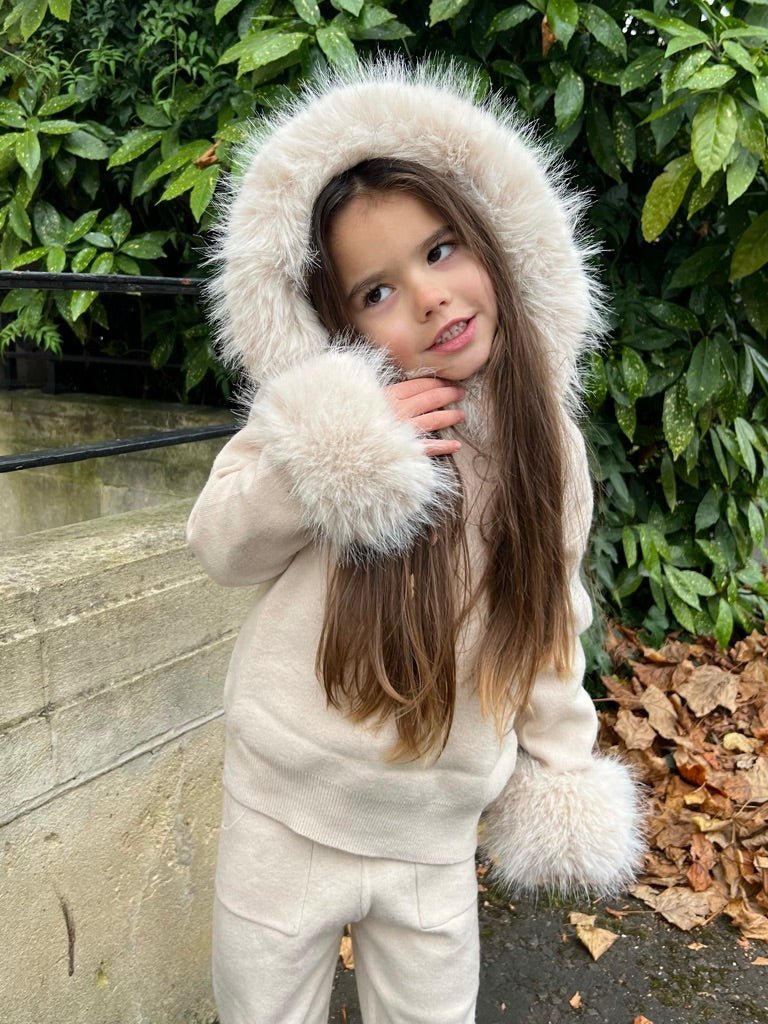 Childrens Light Beige Premium Faux Fur Hood & Cuff Tracksuit - H&L