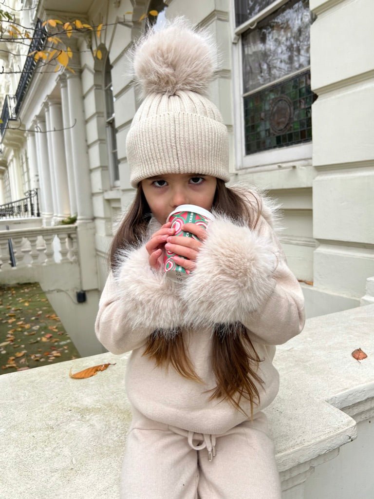 Childrens Light Beige Premium Faux Fur Hood & Cuff Tracksuit - H&L