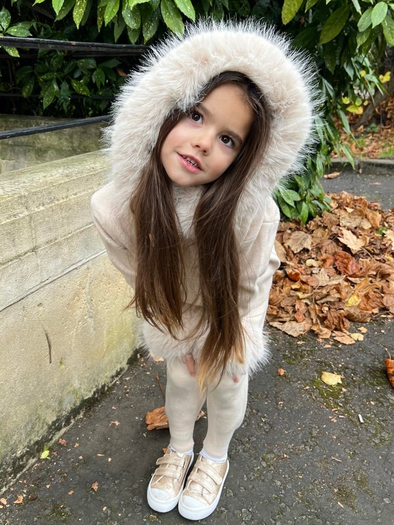 Childrens Light Beige Premium Faux Fur Hood & Cuff Tracksuit - H&L