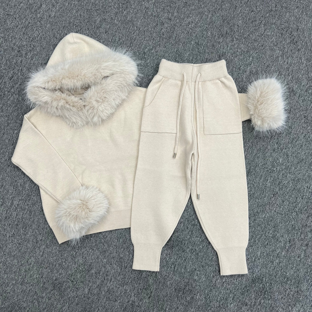 Childrens Light Beige Premium Faux Fur Hood & Cuff Tracksuit - H&L