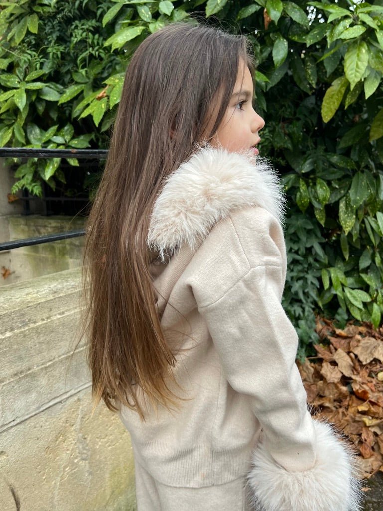 Childrens Light Beige Premium Faux Fur Hood & Cuff Tracksuit - H&L