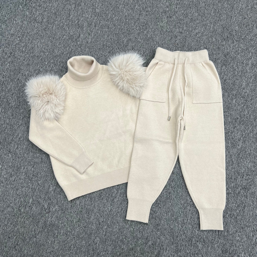 Childrens Light Beige Premium Faux Fur Roll Neck Jogger Tracksuit - H&L