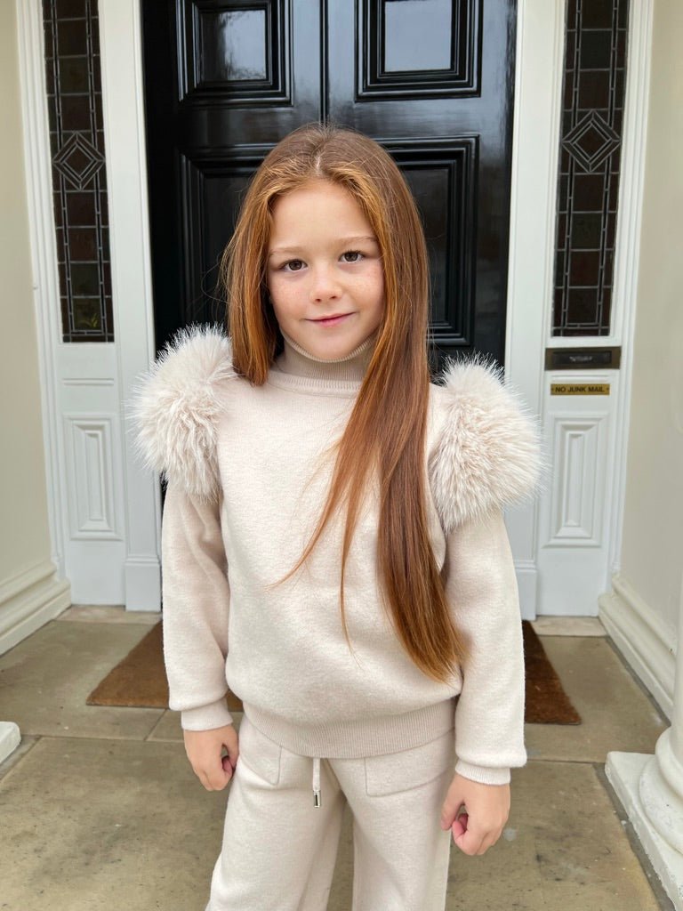 Childrens Light Beige Premium Faux Fur Roll Neck Wide Leg Tracksuit - H&L