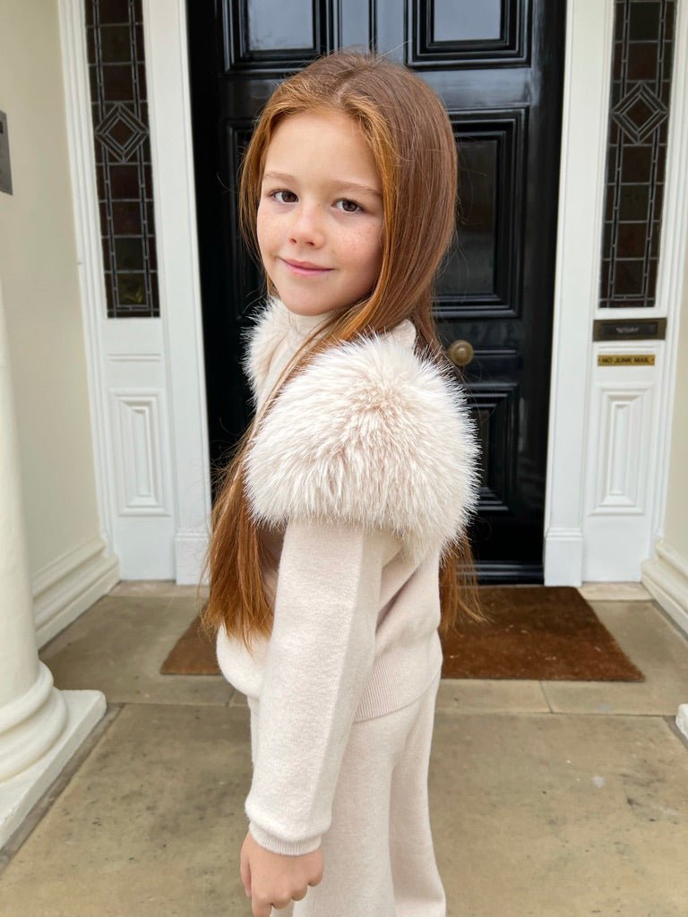 Childrens Light Beige Premium Faux Fur Roll Neck Wide Leg Tracksuit - H&L