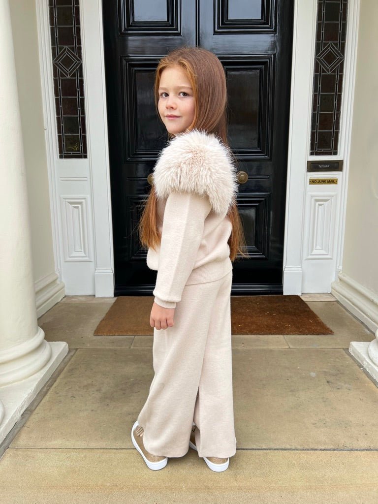 Childrens Light Beige Premium Faux Fur Roll Neck Wide Leg Tracksuit - H&L