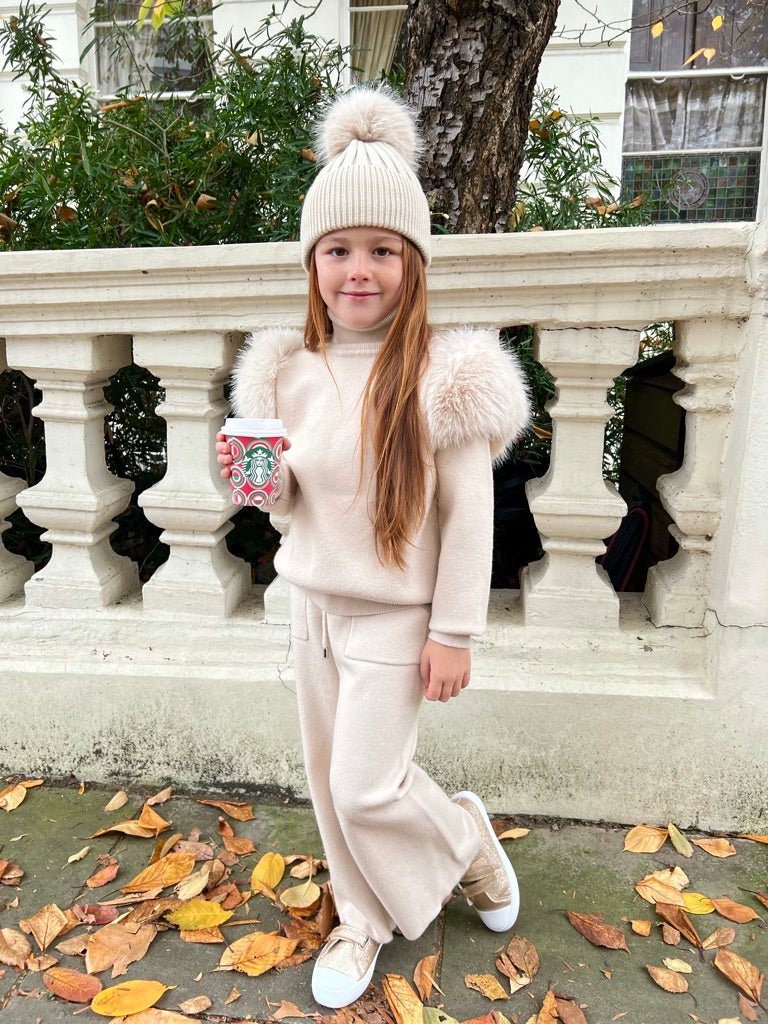 Childrens Light Beige Premium Faux Fur Roll Neck Wide Leg Tracksuit - H&L