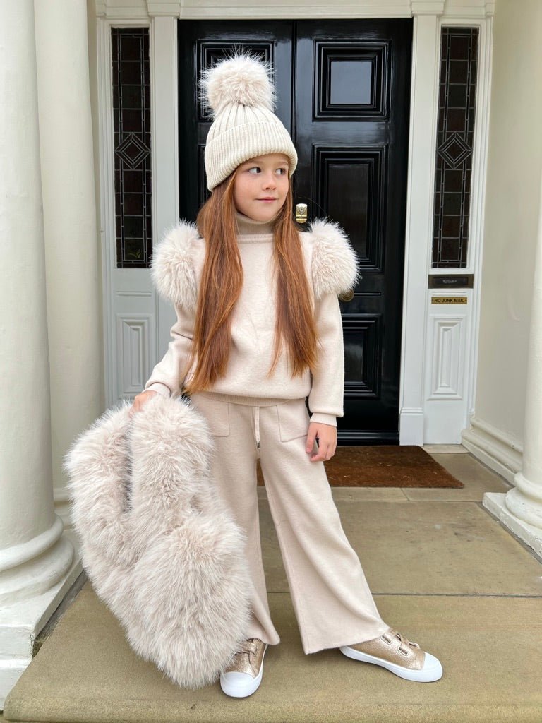 Childrens Light Beige Premium Faux Fur Roll Neck Wide Leg Tracksuit - H&L