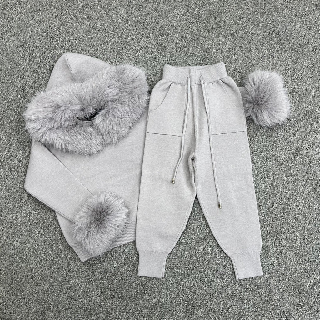 Childrens Light Grey Premium Faux Fur Hood & Cuff Tracksuit - H&L