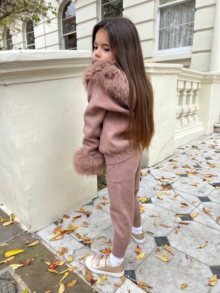 Childrens Taupe Premium Faux Fur Hood & Cuff Tracksuit - H&L