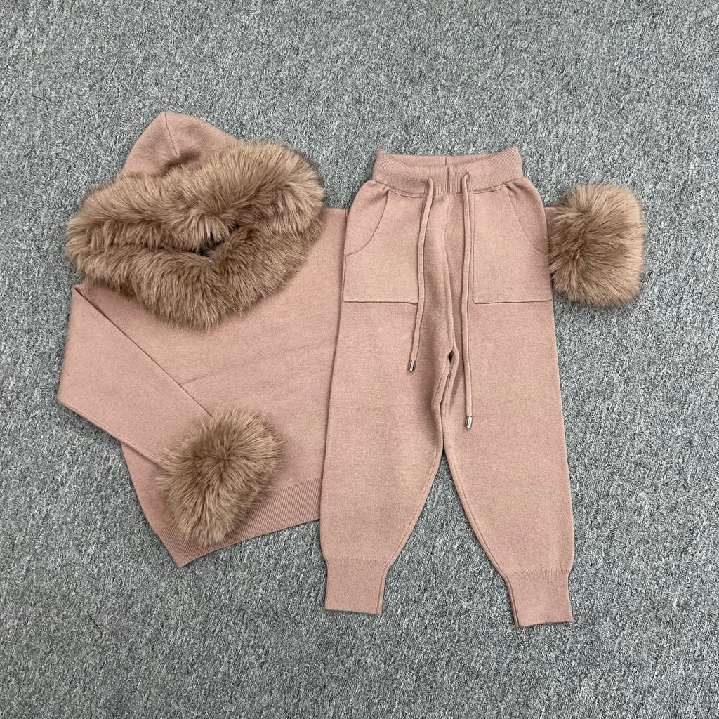 Childrens Taupe Premium Faux Fur Hood & Cuff Tracksuit - H&L