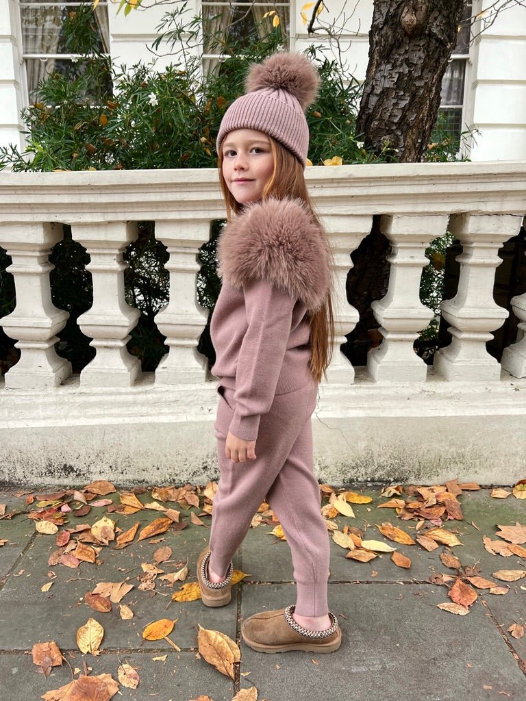 Childrens Taupe Premium Faux Fur Roll Neck Jogger Tracksuit - H&L