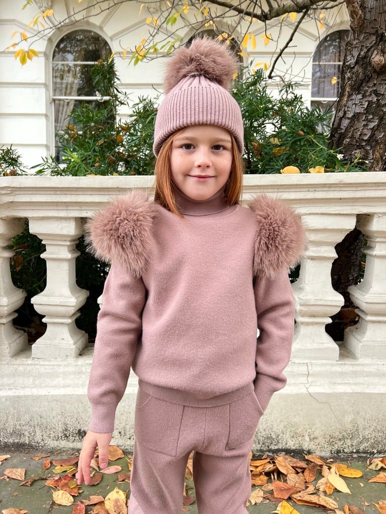 Childrens Taupe Premium Faux Fur Roll Neck Jogger Tracksuit - H&L