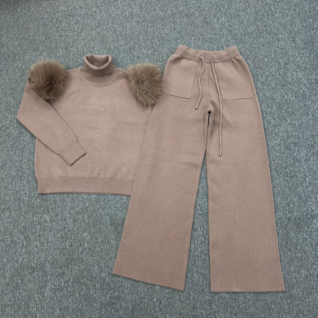 Childrens Taupe Premium Faux Fur Wide Leg Tracksuit - H&L