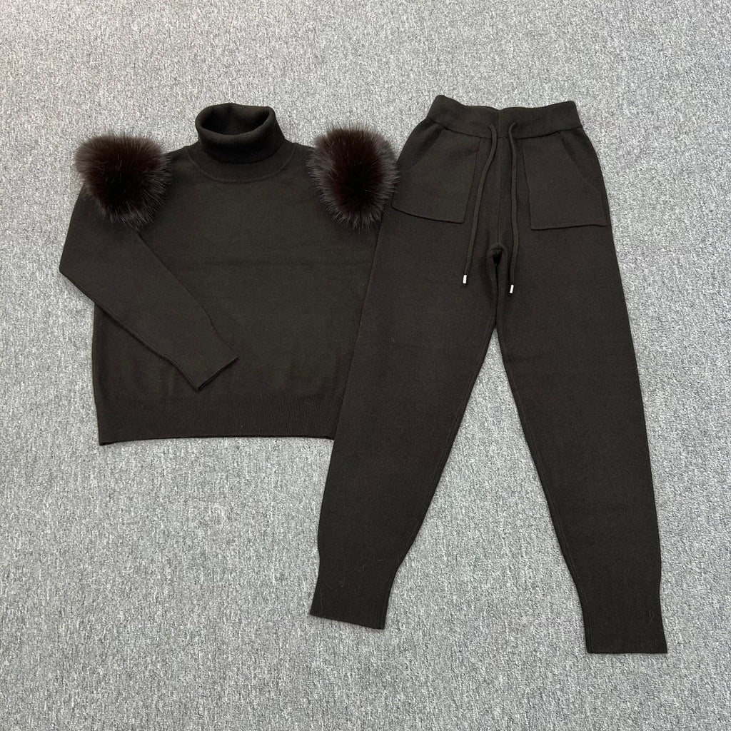 Chocolate Faux Fur Shoulder Roll Neck Jogger Tracksuit - H&L