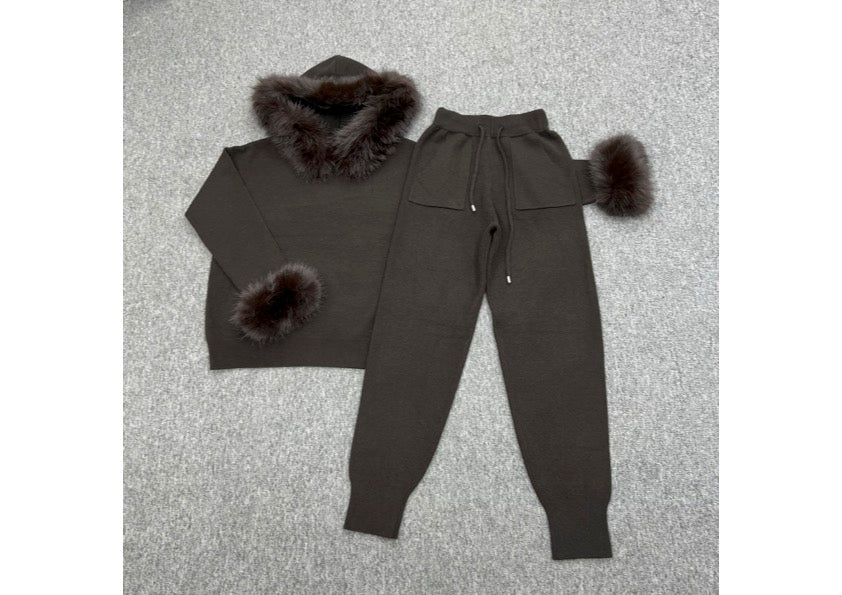 Chocolate Faux Fur Trim Hood & Cuff Tracksuit - H&L