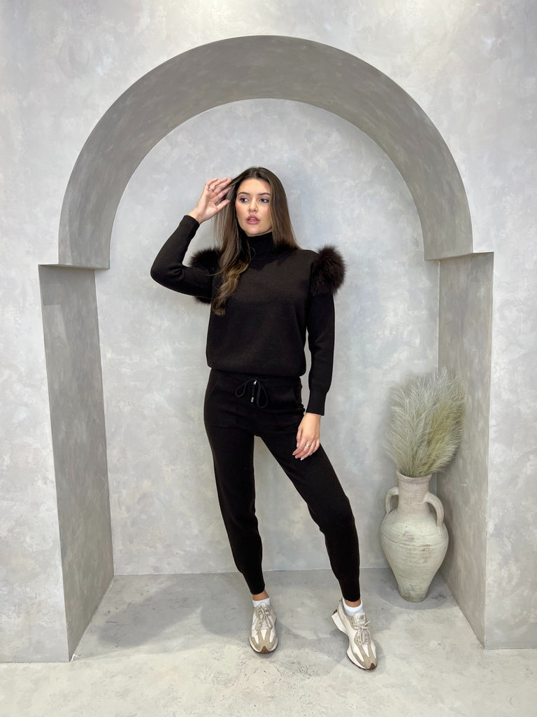 Chocolate Luxury Fur Roll Neck Jogger Tracksuit - H&L