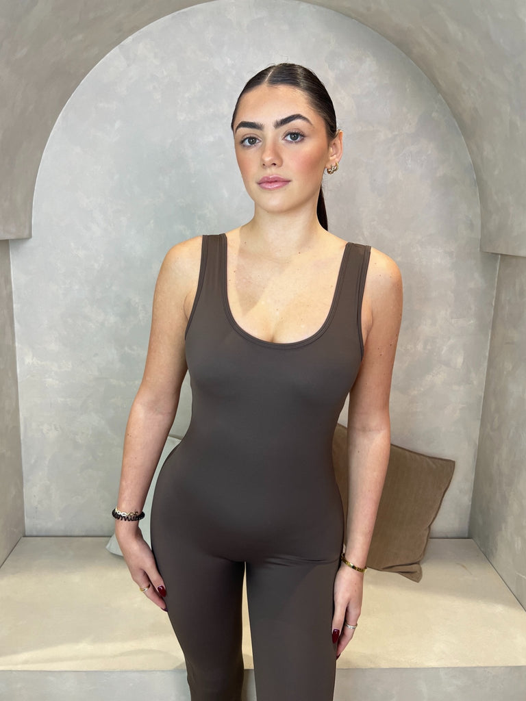 Chocolate Sleeveless Cut Out Back Unitard - H&L