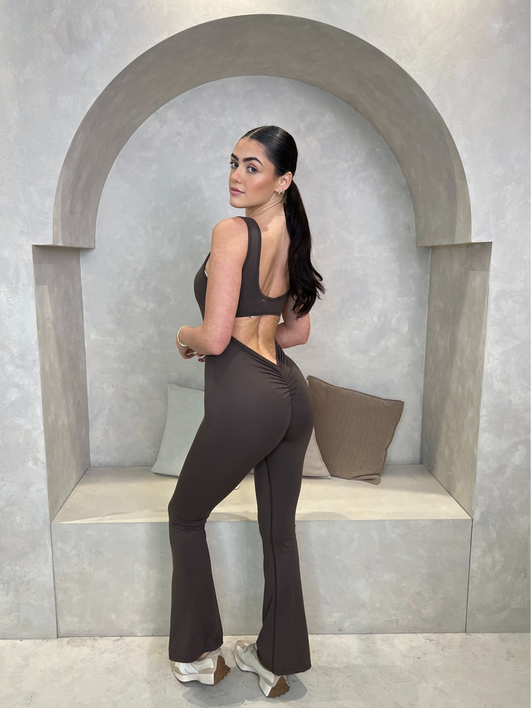 Chocolate Sleeveless Cut Out Back Unitard - H&L