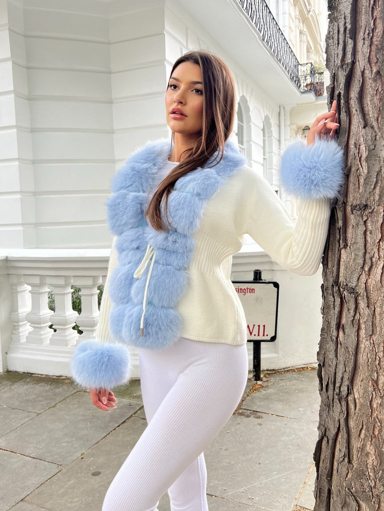 Cream And Baby Blue Premium Faux Fur Trimmed Cardigan - H&L