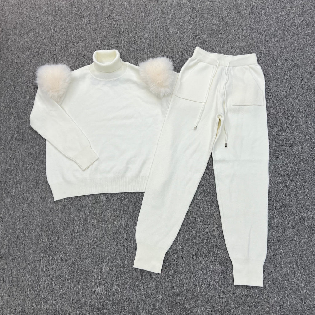 Cream Faux Fur Shoulder Roll Neck Jogger Tracksuit - H&L