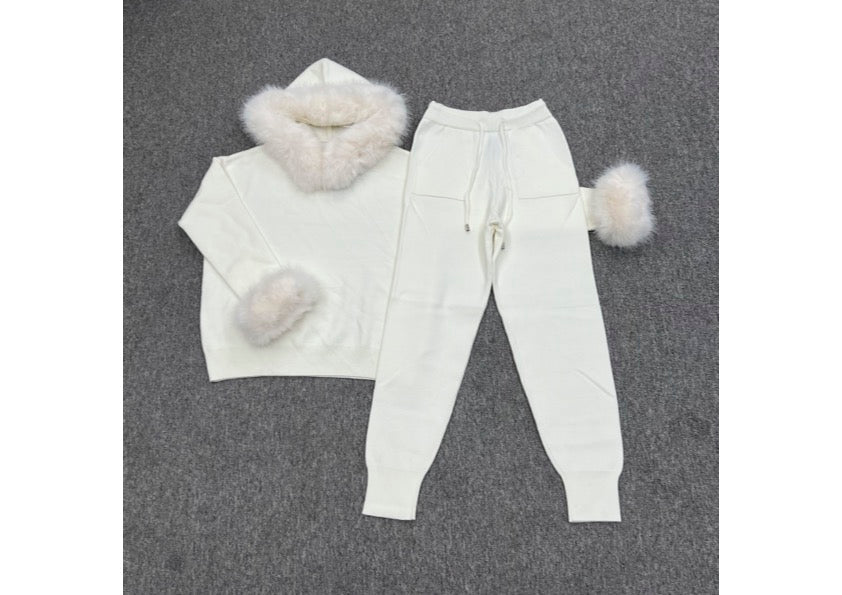 Cream Faux Fur Trim Hood & Cuff Tracksuit - H&L