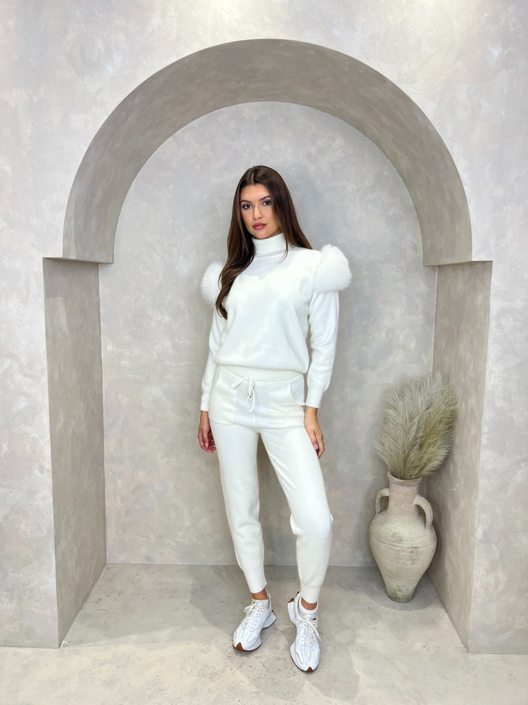 Cream Luxury Fur Roll Neck Jogger Tracksuit - H&L