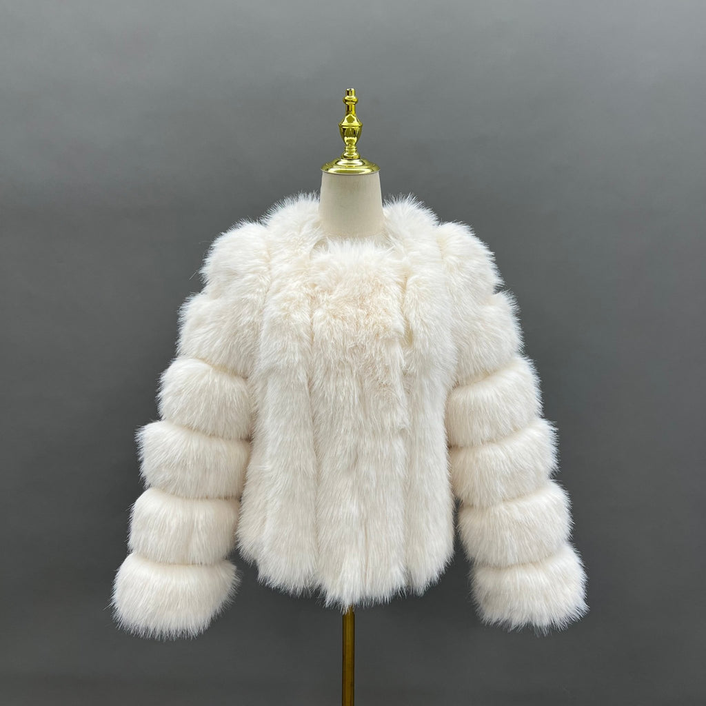 Cream Vertical Design Faux Fur Coat - H&L