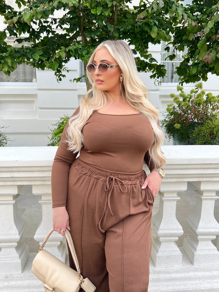 Curve Chocolate Long Sleeve Bodysuit And Wide Leg Trouser Set - H&L