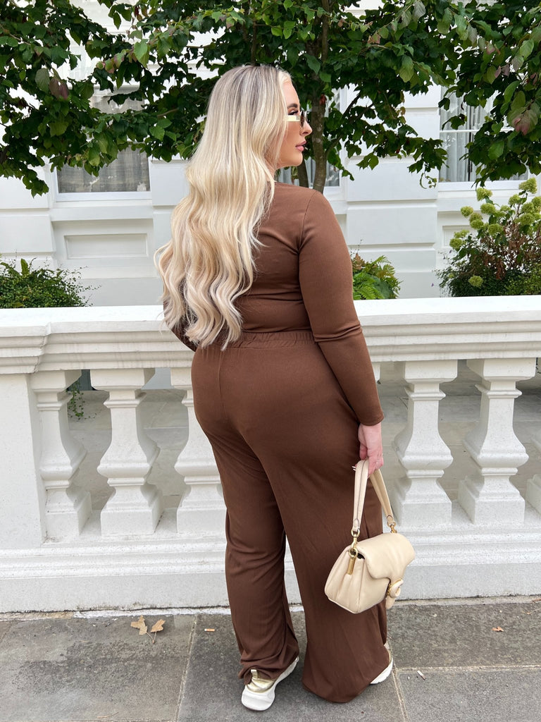 Curve Chocolate Long Sleeve Bodysuit And Wide Leg Trouser Set - H&L