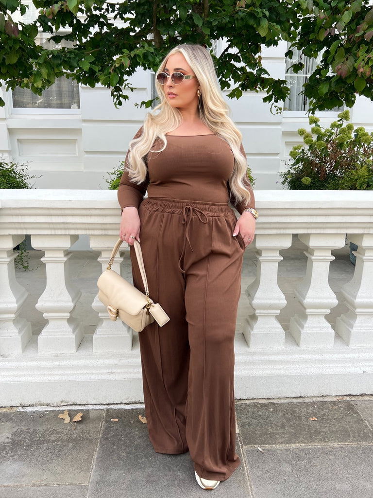 Curve Chocolate Long Sleeve Bodysuit And Wide Leg Trouser Set - H&L