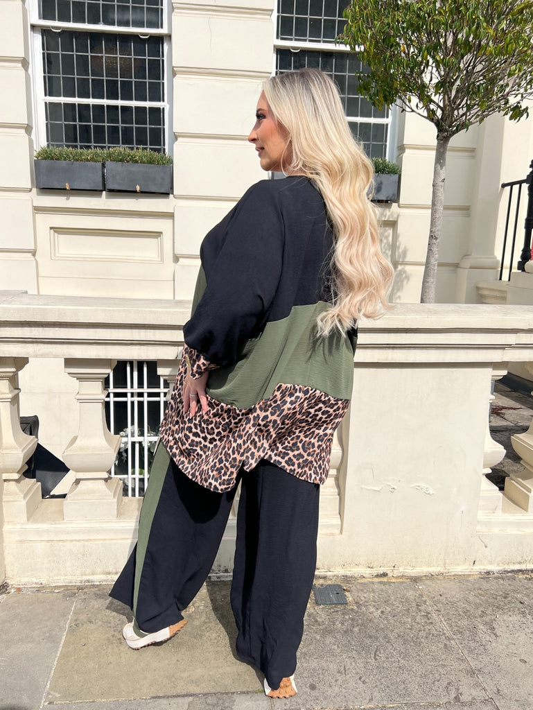 Curve Khaki Leopard Wide Leg Trouser Set - H&L