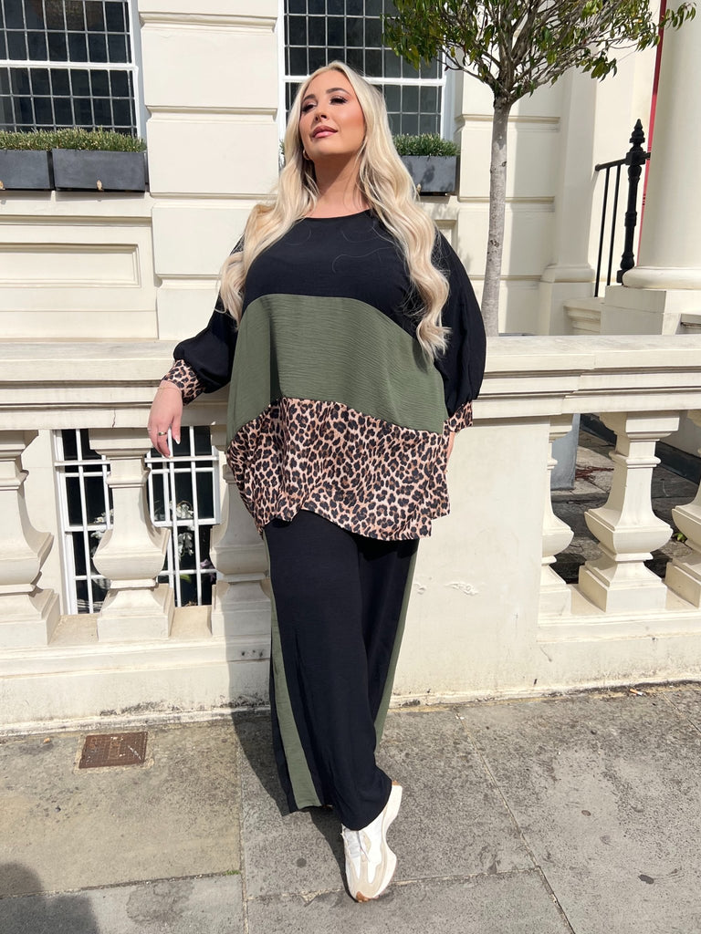 Curve Khaki Leopard Wide Leg Trouser Set - H&L