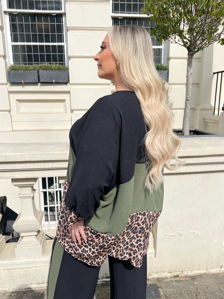 Curve Khaki Leopard Wide Leg Trouser Set - H&L