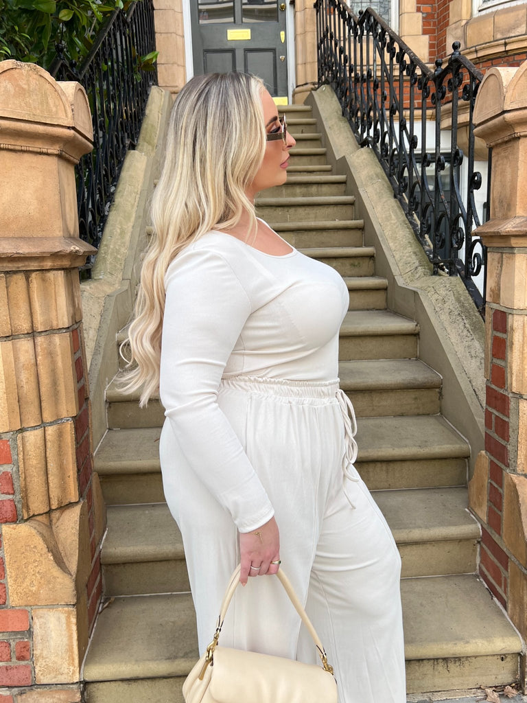 Curve Light Beige Long Sleeve Bodysuit And Wide Leg Trouser Set - H&L