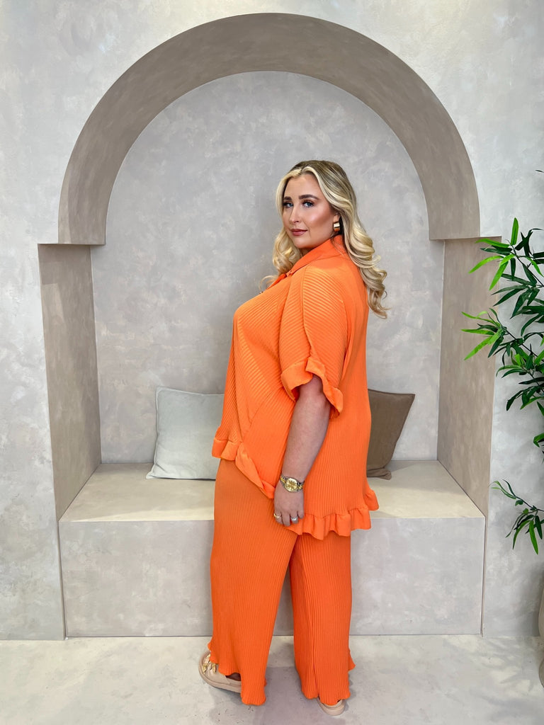 Curve Orange Ribbed Effect Wide Leg Trouser Set - H&L