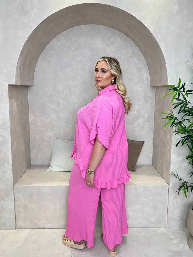 Curve Pink Ribbed Effect Wide Leg Trouser Set - H&L