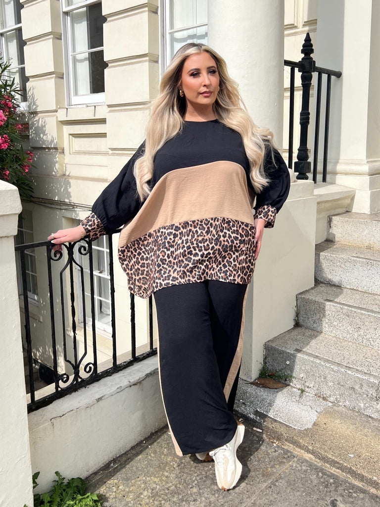 Curve Tan Leopard Wide Leg Trouser Set - H&L