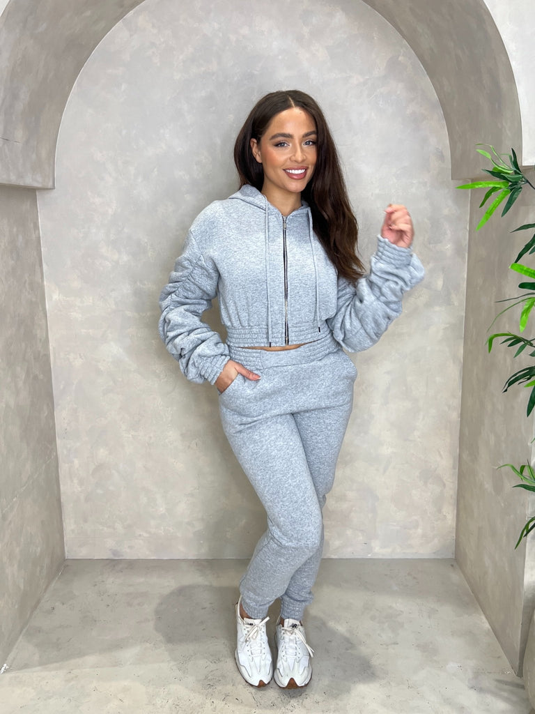 Grey Hooded Ruched Sleeve Tracksuit - H&L