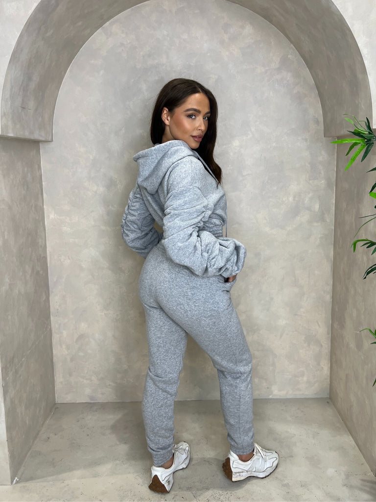 Grey Hooded Ruched Sleeve Tracksuit - H&L