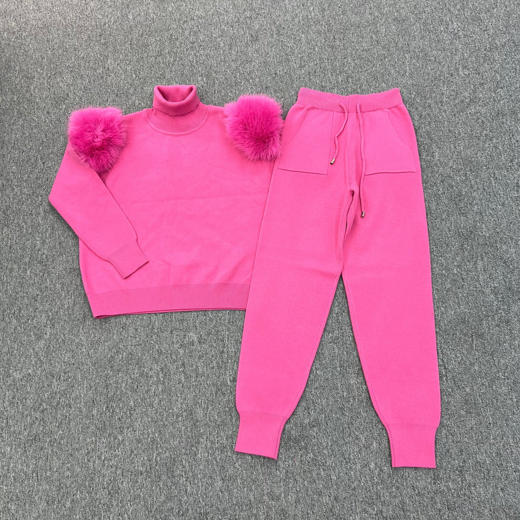 Hot Pink Faux Fur Shoulder Roll Neck Jogger Tracksuit - H&L