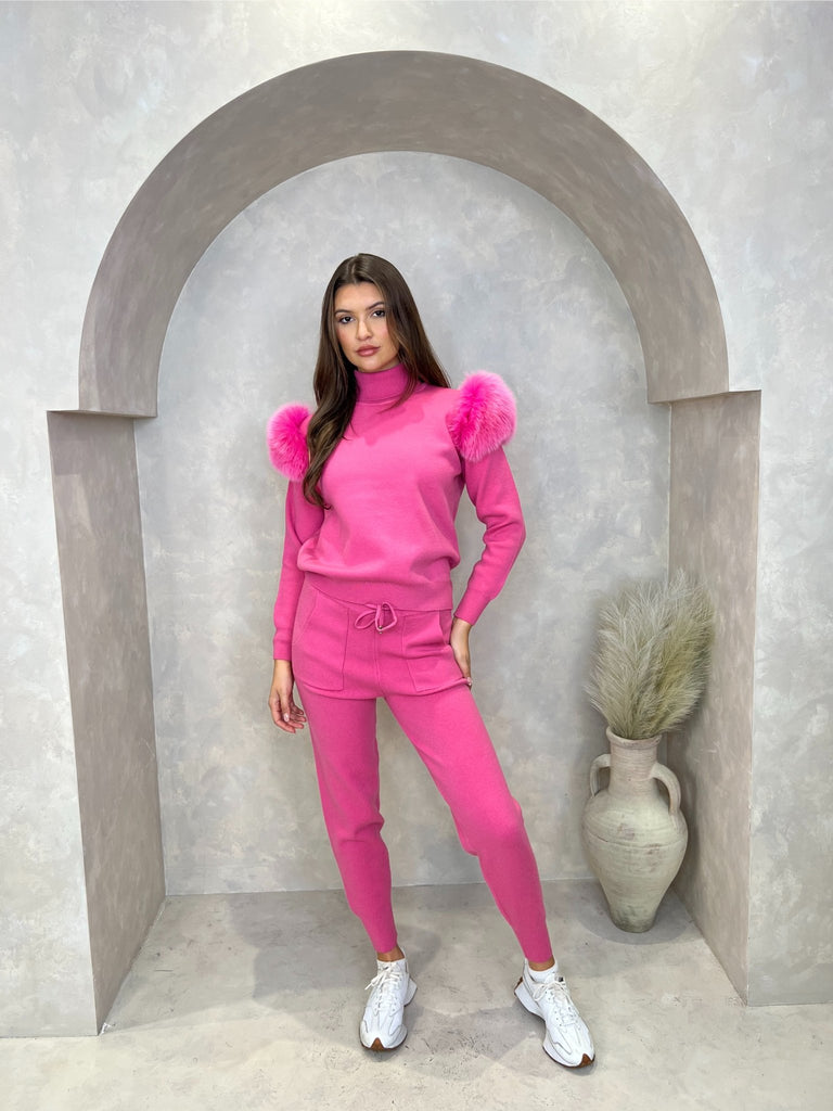 Hot Pink Luxury Fur Roll Neck Jogger Tracksuit - H&L