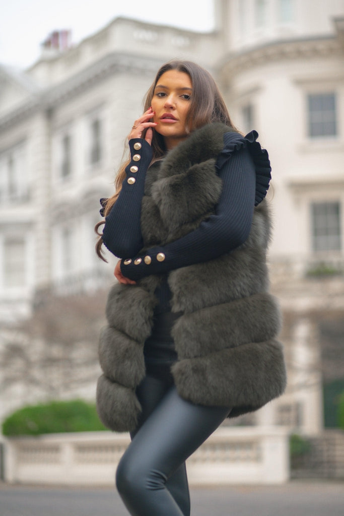 Khaki Luxury Fur 6 Row Gilet - H&L