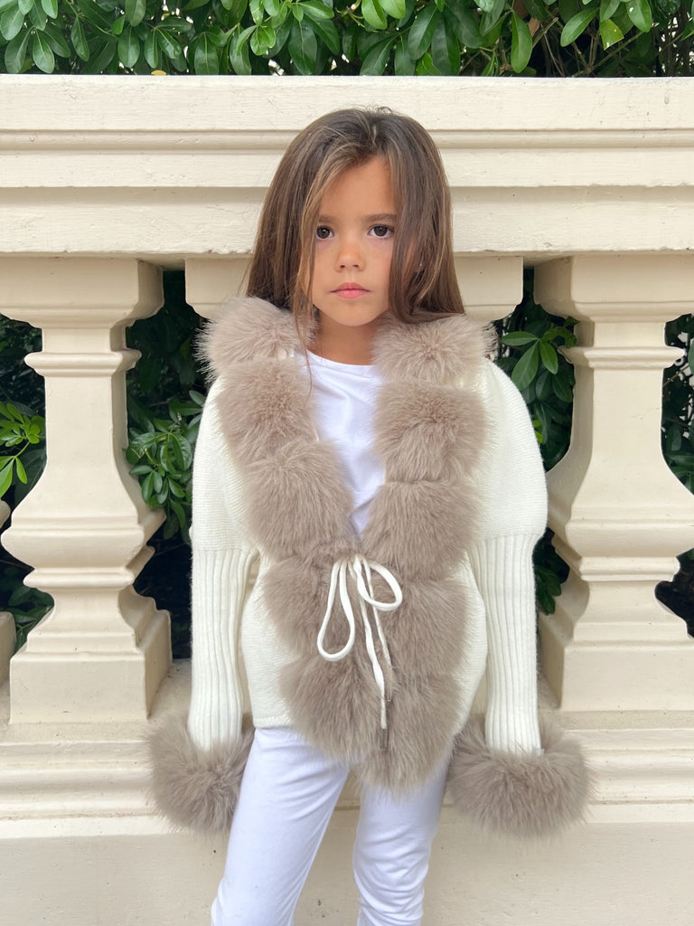 Kids Cream/Beige Premium Faux Fur Cardigan - H&L