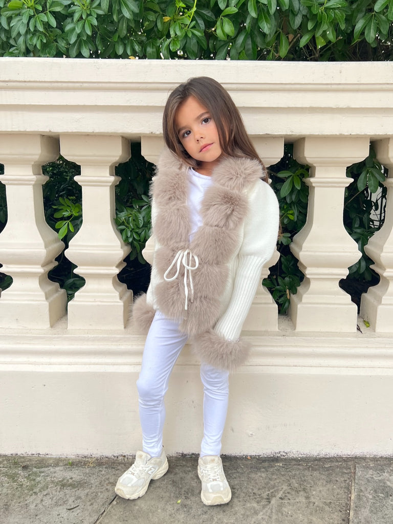 Kids Cream/Beige Premium Faux Fur Cardigan - H&L