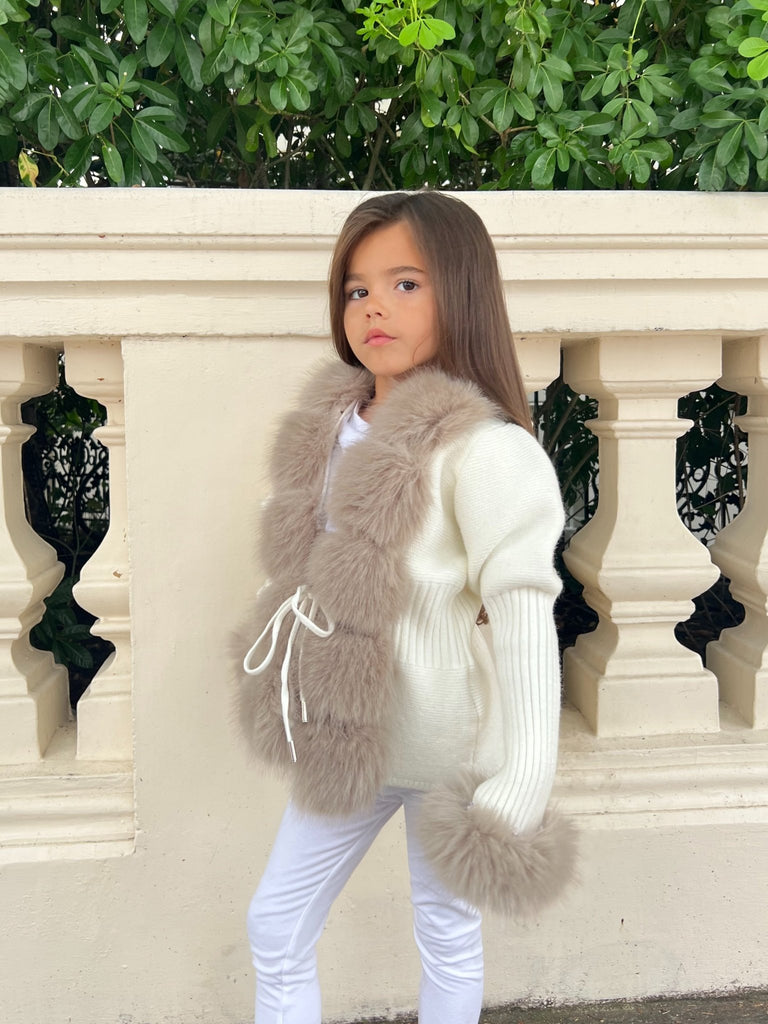 Kids Cream/Beige Premium Faux Fur Cardigan - H&L